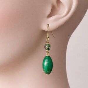 Green Bead Drop Earrings with Gold Accents